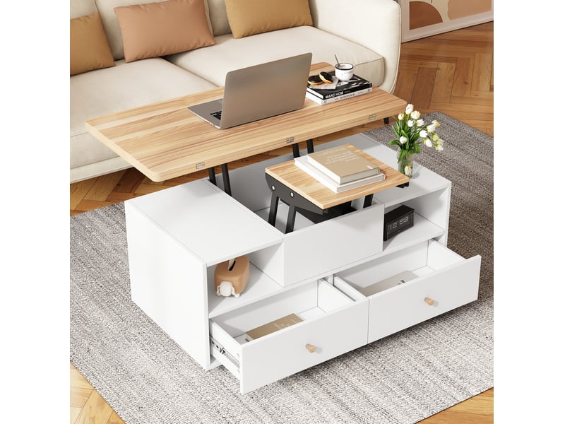 Table basse relevable avec plateau rabattable, 4 tiroirs, roulettes et rangement ouvert pour salon, 100 × 50 × 47,5 cm - Conforama B