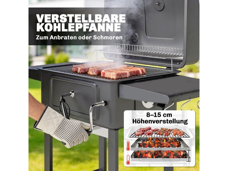  Barbecue à charbon avec couvercle et thermomètre, fumoir à cheminée réglable, chariot mobile  - Conforama W