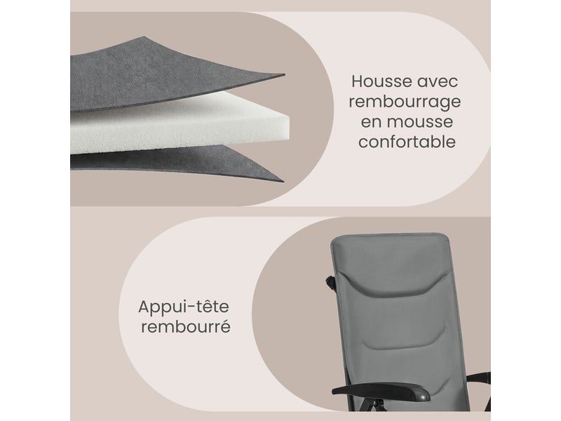 Chaise de camping, lot de 2, dossier réglable 95°-150°, porte-gobelet, sac de transport, pêche, jardin, gris - Conforama E