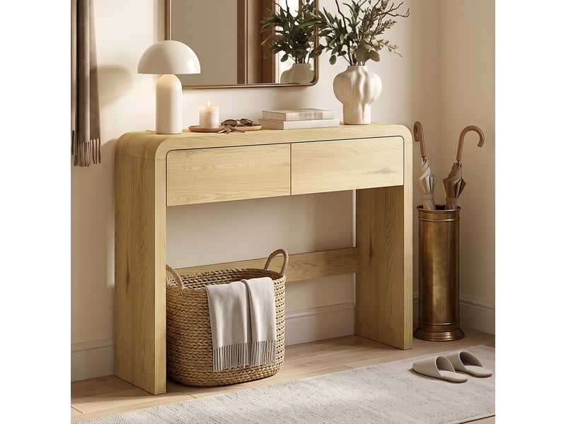  Table console avec 2 tiroirs, console meuble, 100 x 30 x 85 cm, coins arrondis et plateau épais, bois naturel  - Conforama D
