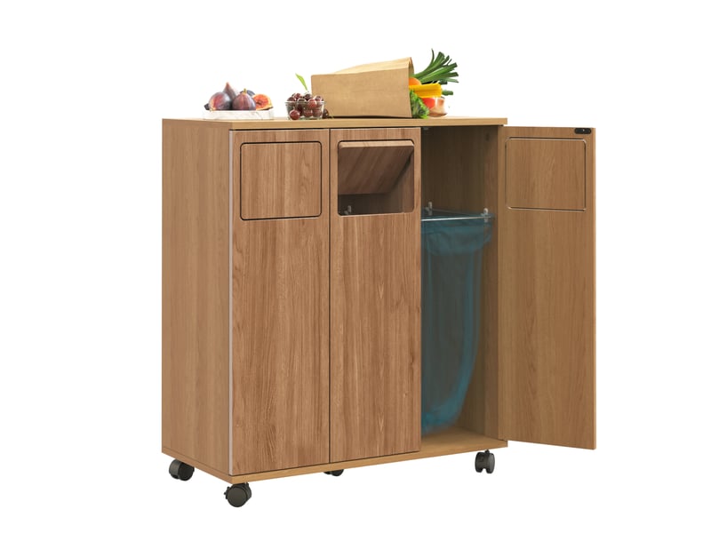  Meuble de tri des déchets 69,3x35x80 cm à roulettes avec 3 portes, pour cuisine, pratique, élégant, en mdf, naturel  - Conforama A