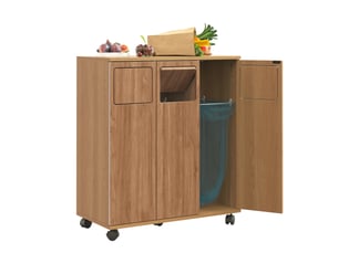 Meuble de tri des déchets 69,3x35x80 cm à roulettes avec 3 portes, pour cuisine, pratique, élégant, en mdf, naturel