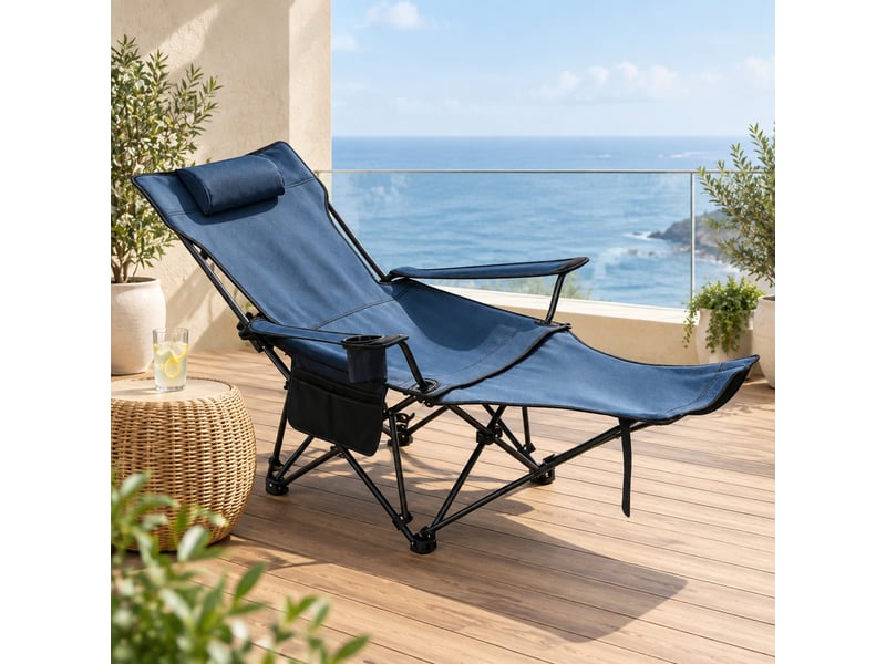  Fauteuil de camping pliant 115x84x88,5 cm bleu en tissu oxford et acier, avec repose-pieds et appui-tête  - Conforama D