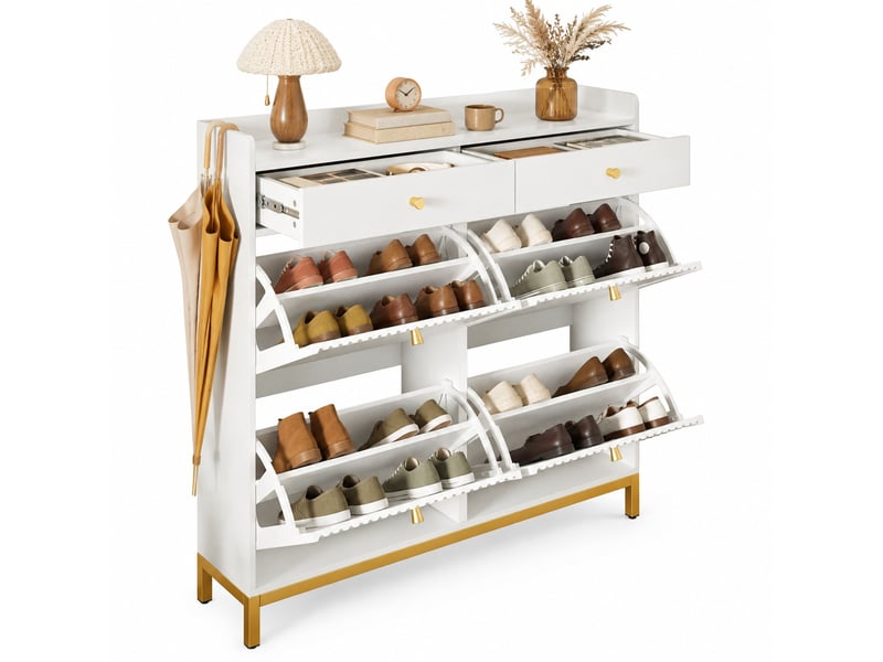 Meuble à chaussures à 4 abattants et 2 tiroirs, 106,5x25x107 cm, blanc - Conforama A