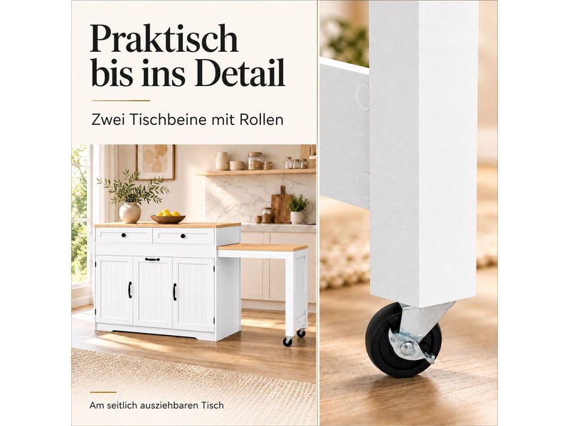  Desserte de cuisine 188 x 40 x 91 cm rangement intégré chariot de cuisine plan de travail intégré roulettes intégrées tiroirs de rangement tablette latérale extensible structure indépendante finition blanche  - Conforama E