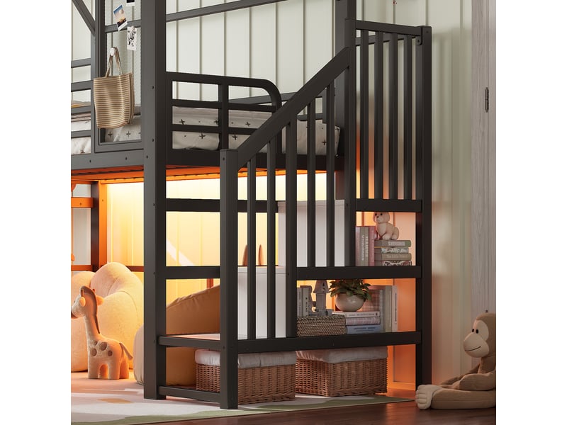  Lit mezzanine enfant,90x200 cm,avec toboggan et led bluetooth,métal,noir  - Conforama E