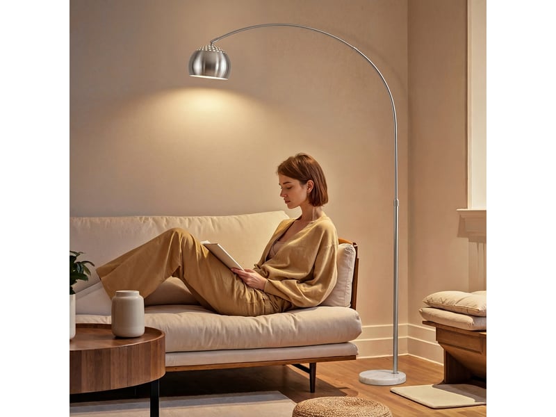  Lampadaire, design arqué avec base en marbre, 167 cm, argent  - Conforama C