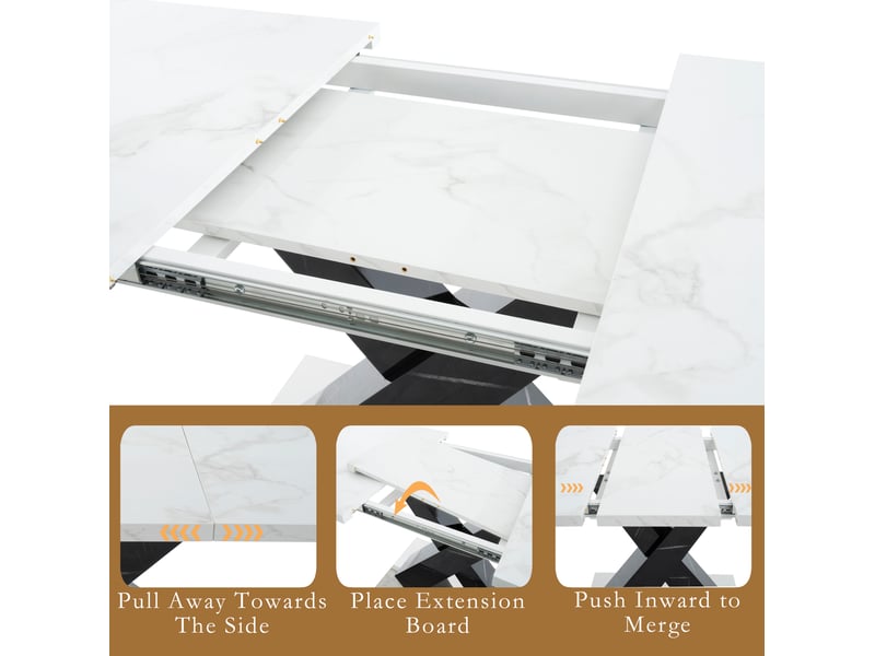  Table de salle à manger extensible avec plateau effet marbre et pied en x, pour salle à manger, 160 × 80 × 76,5 cm  - Conforama E