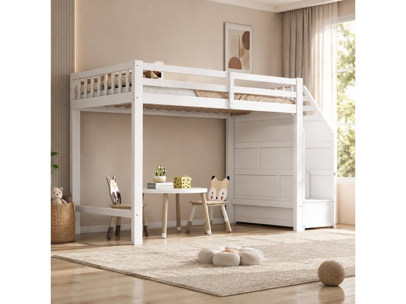  Lit mezzanine enfant blanc 90 x 200 cm avec sommier, barrières et marches de rangement  - Conforama B