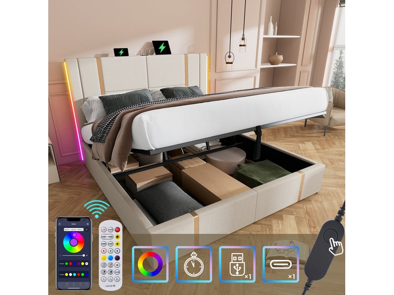 Lit coffre adulte 160x200 cm – beige – rangement hydraulique, led rgb, usbusb-c et matelas h3 inclus - Conforama E