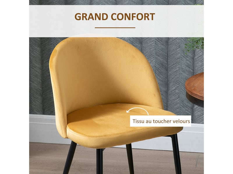  Lot de 2 chaises salle à manger chaise de cuisine scandinave chaise en velours rembourrée avec pieds effilés en métal, pour salon, jaune, salle à manger  - Conforama E