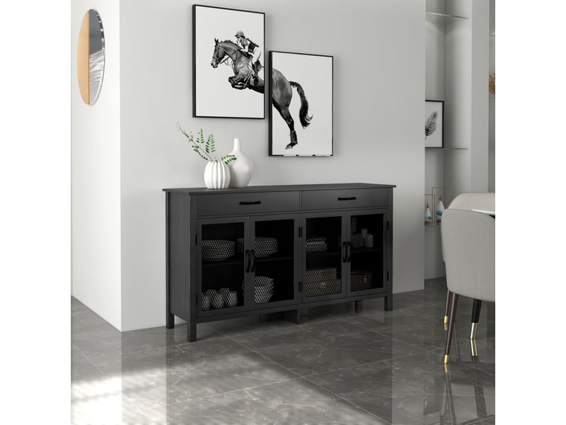  Buffet bas meuble de rangement 4 portes avec étagères réglables et 2 tiroirs style industriel noir 150 x 40 x 85 cm  - Conforama D