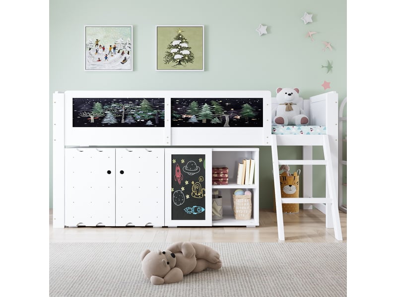  Lit mezzanine enfant 90x200 cm blanc avec rangements, tableau à craie, échelle inclinée et garde-corps  - Conforama B