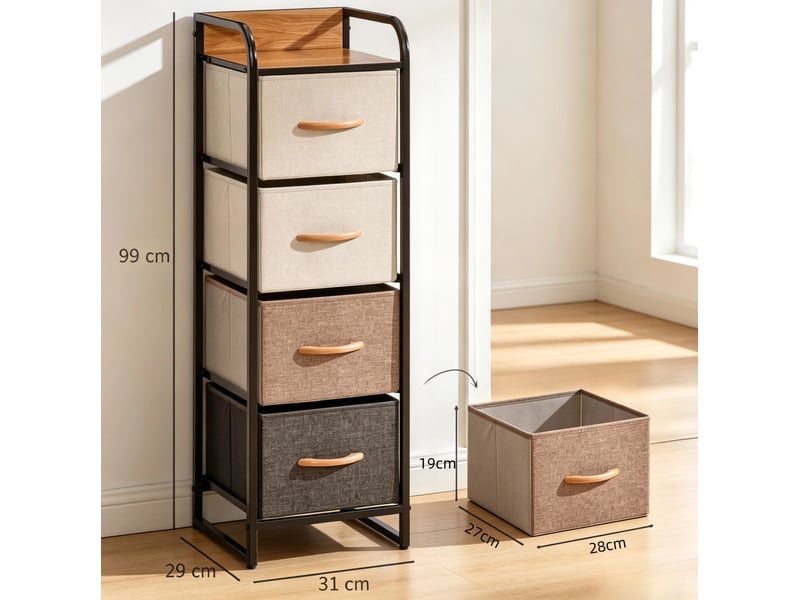  Commode étroite 31 x 29 x 99 cm – beige et marron – 4 tiroirs en tissu pliables et structure acier  - Conforama C