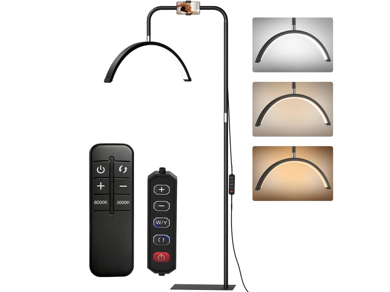  Lampadaire led avec tête en forme de croissant, hauteur et température de couleur réglables, télécommande, noir  - Conforama B