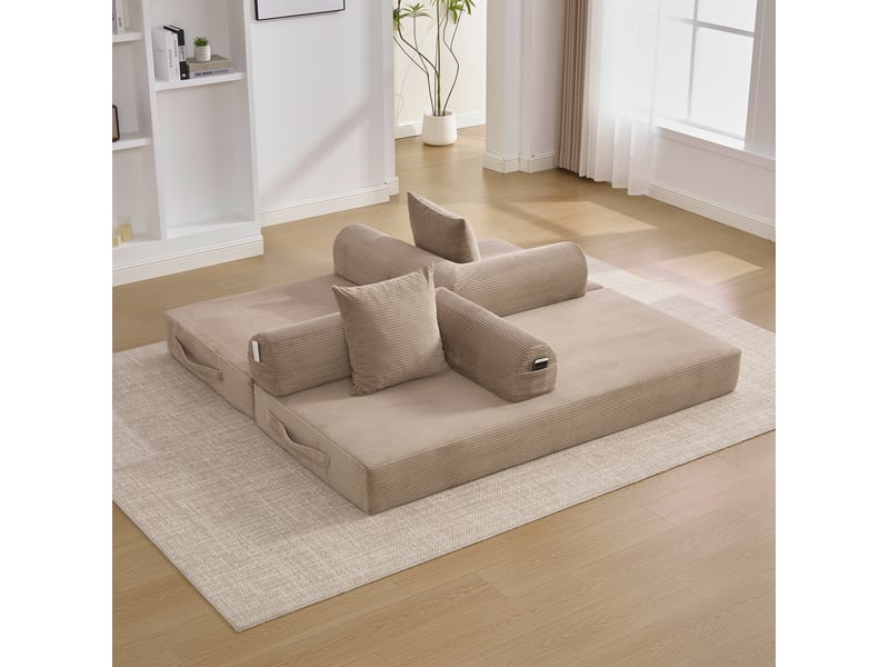  Canapé modulable modenvie 3 places en velours côtelé kaki avec structure en métal, 3 coussins et poche latérale, 200 x 94 x 67 cm  - Conforama D