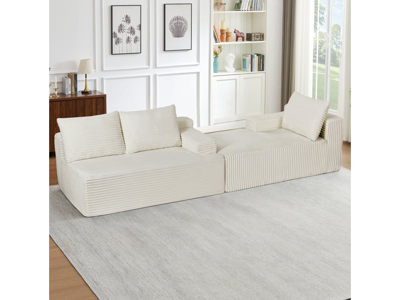 Canapé d’angle modulable 4 places 238x152x66 cm en velours côtelé beige - Conforama R
