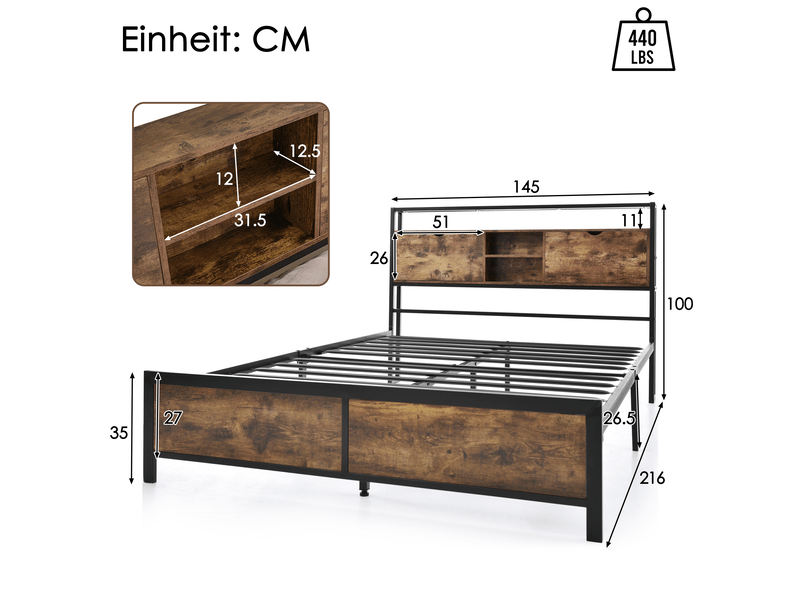  Lit en métal 140x200cm avec tête de lit rangement et sommier à lattes, noir  - Conforama D