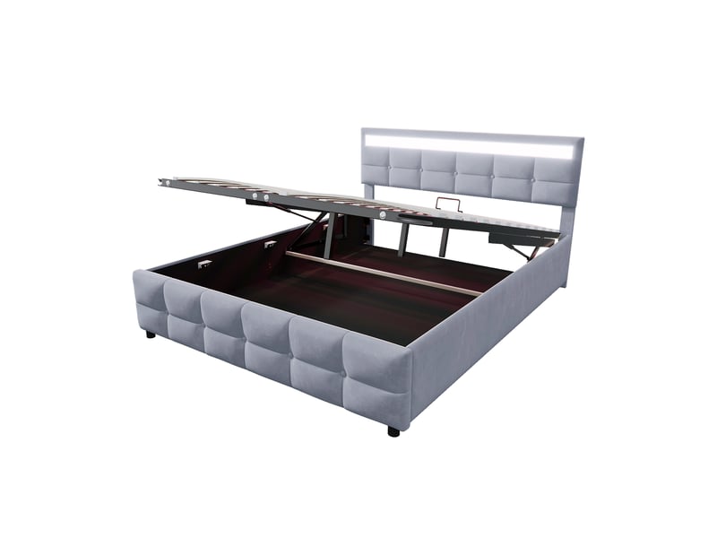  Lit coffre velours gris 180x200 cm avec led, sommier à lattes et ouverture hydraulique  - Conforama A