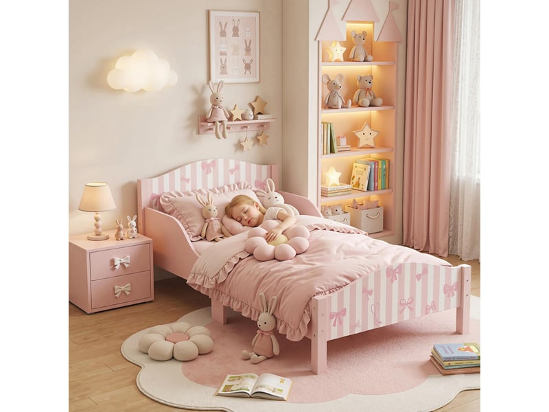  Lit enfant 70 x 140 cm, barrière de sécurité, motif nœud, rose  - Conforama D