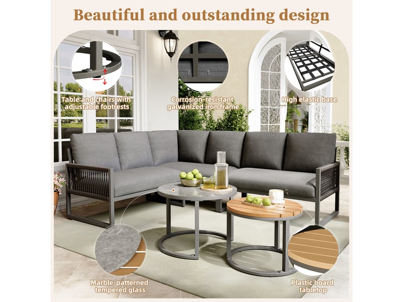  Salon de jardin,123x68x86 cm,6-7 places avec 2 tables,métal et polyester,gris  - Conforama E