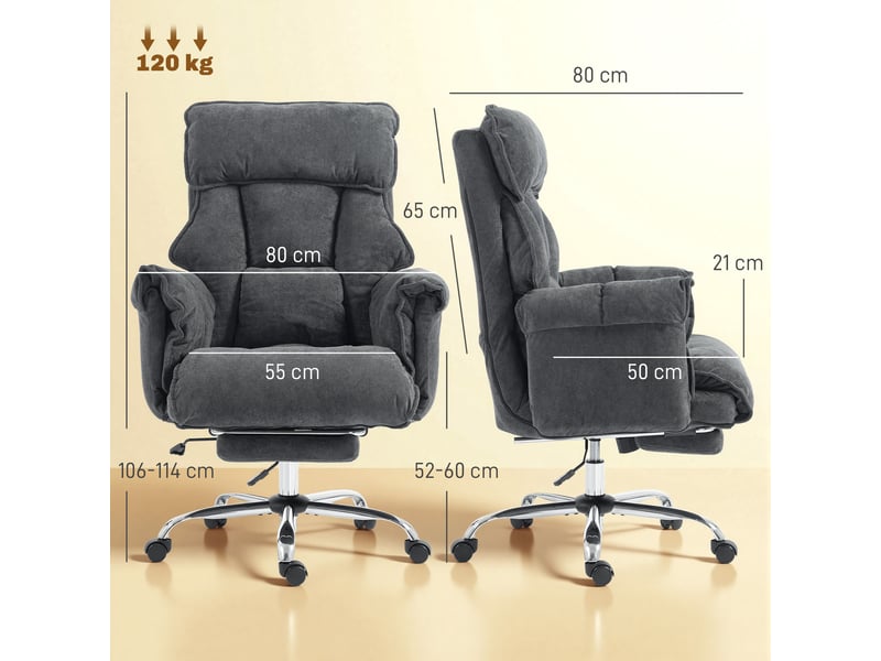  Fauteuil de bureau pivotant inclinable à 3 positions avec double coussin et repose-pieds, revêtement en flanelle, gris foncé  - Conforama E