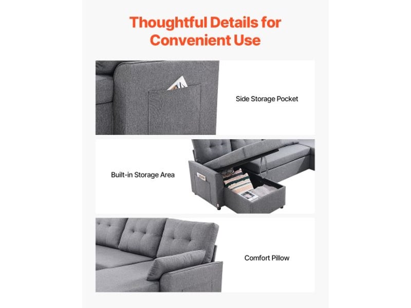  Canapé-lit en u, avec 2 poches latérales, 2 oreillers et méridienne double, canapé convertible en lit 6 places avec grand espace de rangement pour salon, appartement, structure en métal, gris  - Conforama D
