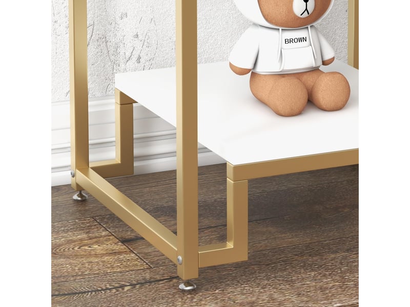  Table chevet moderne blanche dorée, 3 niveaux, tiroir bois, verre trempé, châssis acier, rangement entrée, chambre, salon, couloir, VAM_1EAWF8A7 - Conforama E