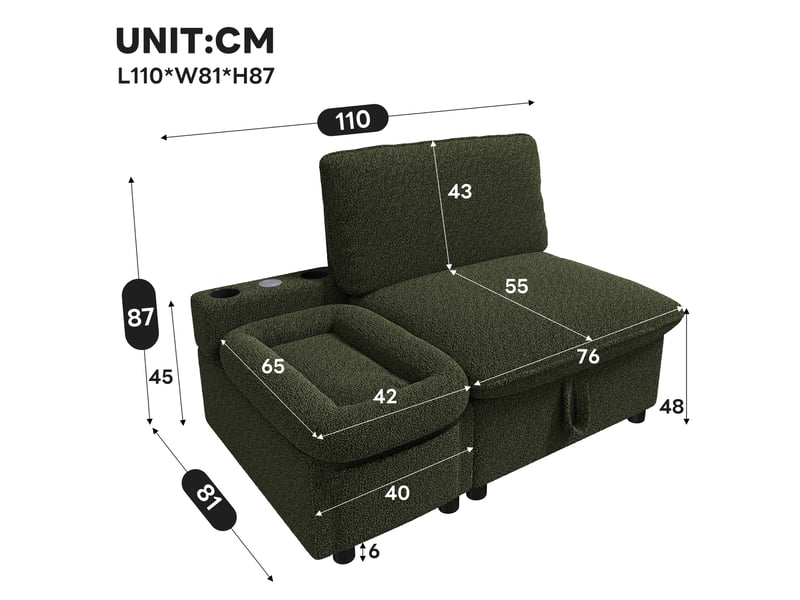  Fauteuil 1 place 110x81x87 cm, canapé avec rangement, rangement dissimulé, rangement intégré, ports usb et type-c, design moderne, tissu bouclé vert CozyNest - Conforama C