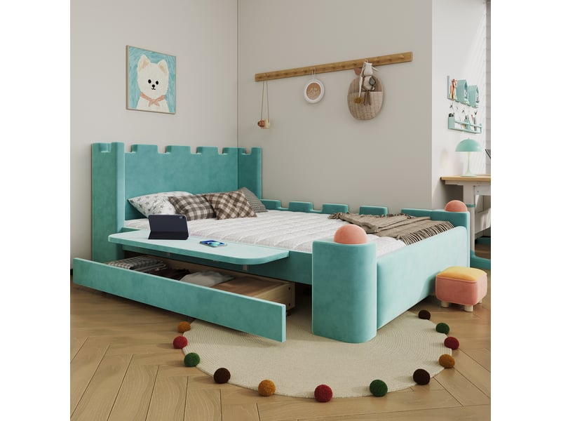  Lit enfant 140x200 cm - lit double 140x200 - avec tête de lit château, tablette rabattable et tiroir de rangement - velours  - bleu  - Conforama D