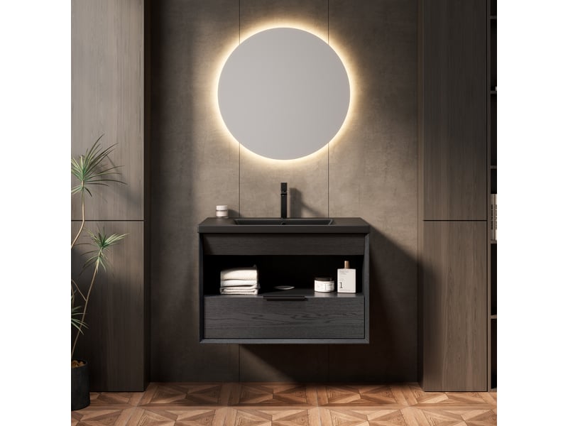 Meuble vasque suspendu 75 cm, vasque noire intégrée, tiroir, étagère, préassemblé, noir bois foncé - Conforama B