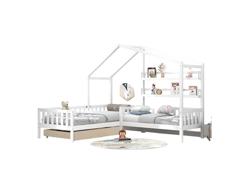 Lit cabane enfant 90x200 cm + 140x70 cm – lit combiné avec tiroirs et étagères intégrées – blanc – sans matelas - Conforama A