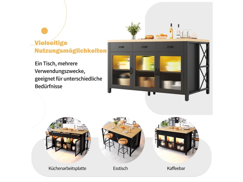  Îlot de cuisine noirnaturel 150 × 80 × 90cm, 3 tiroirs, portes vitrées, éclairage, pieds réglables, style industriel  - Conforama D