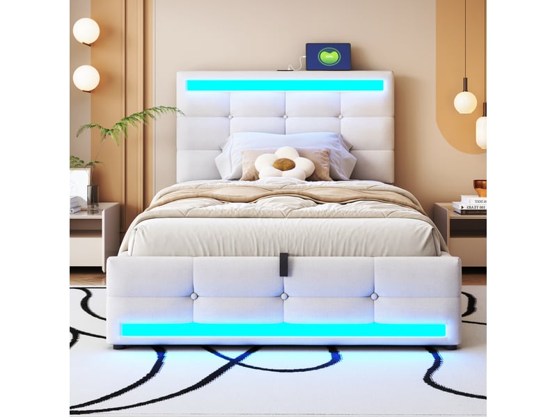 Lit coffre 90x200cm design moderne rembourré led rgb bande lumineuse tête réglable ports usb tissu beige sans matelas - Conforama B