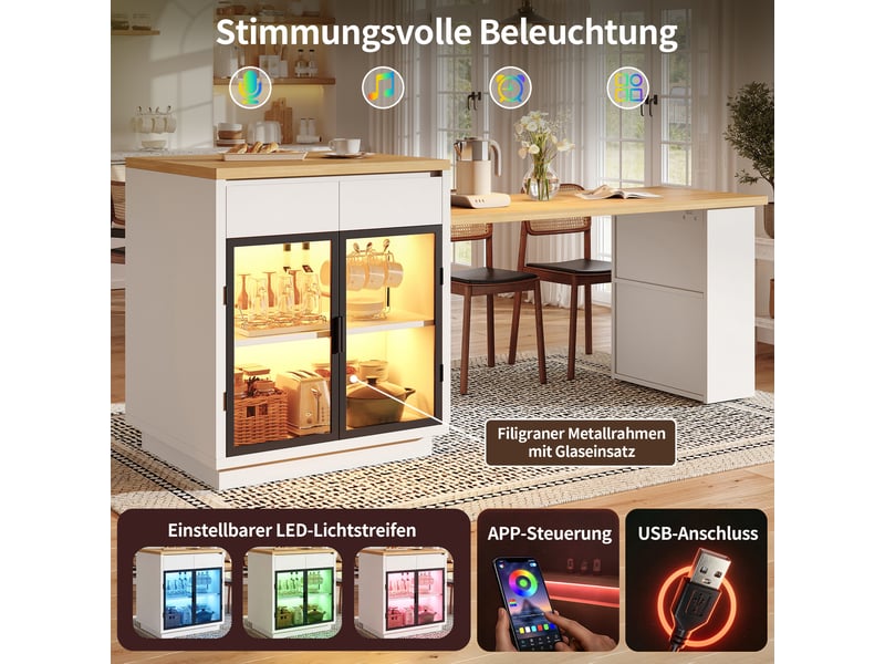  Îlot central de cuisine extensible 122-194,5x70x94 cm blanc avec led, 2 tiroirs, portes vitrées et plateau snack Morn Vibe - Conforama D