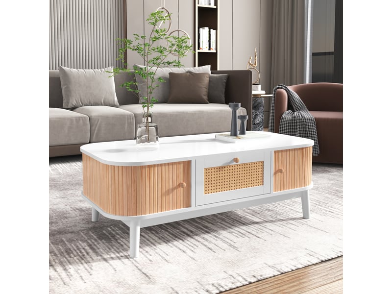 Table basse 110x55x38,5 cm avec tiroir aspect rotin et portes à lattes, pieds en bois massif, mdf, blanc et bois ABC - Conforama B