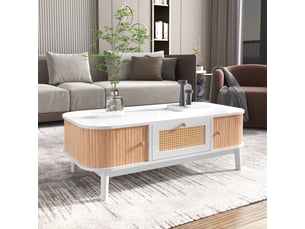 Table basse 110x55x38,5 cm avec tiroir aspect rotin et portes à lattes, pieds en bois massif, mdf, blanc et bois