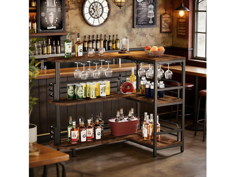  Table de bar d'angle 120x90x110 cm noir et brun rustique avec rangements  - Conforama B