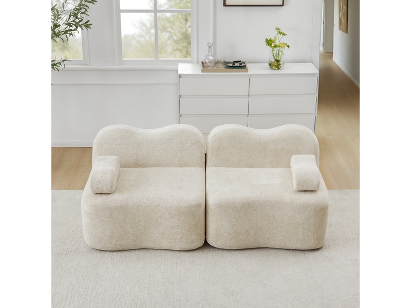  Canapé modulable 2 places, canapé de sol sans structure en forme de vague pour salon, assise profonde en velours doux sans montage l192 cm, beige  - Conforama C