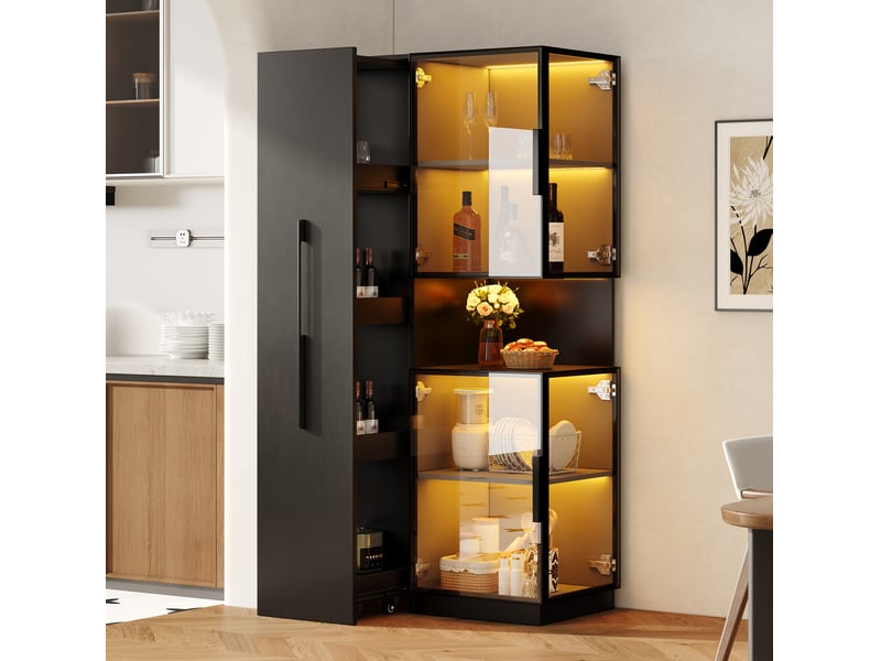  Vitrine haute 70 x 38 x 160 cm noire en mdf et verre, led réglable, rangements latéraux coulissants  - Conforama B