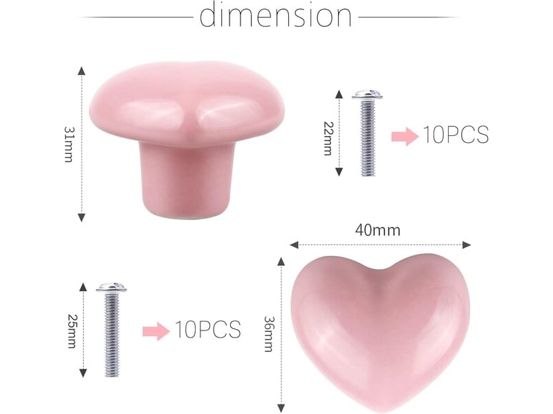 Jeu de 10 boutons de meuble en céramique en forme de cœur avec des vis  - Conforama B