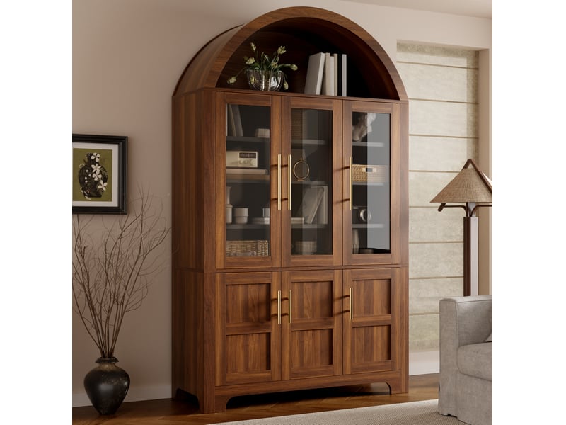 Buffet haut 6 portes en mdf et panneau de particules bois foncé, vitrine et étagères réglables pour ranger - Conforama E