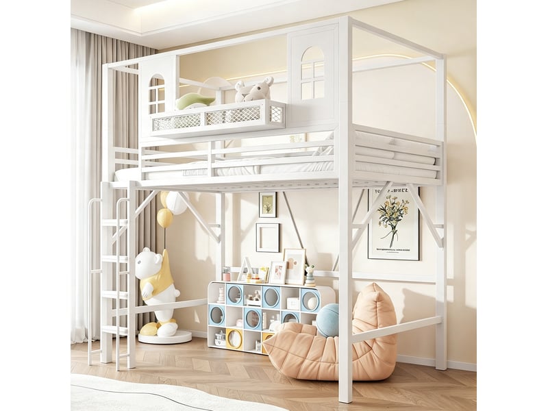 Lit mezzanine enfant 90x200 cm avec toit et échelle, métal - Conforama B