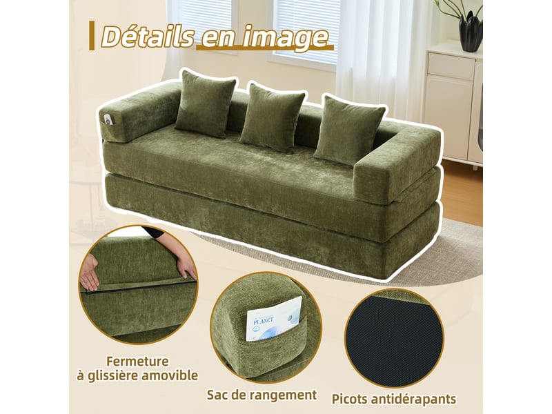  Canapé modulable en chenille verte 198 x 79 x 60 cm, mousse, poches latérales, base antidérapante, salon ou chambre 198x79x60cm - Conforama D