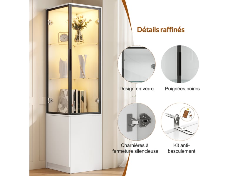  Vitrine haute 40x40x160 cm, éclairage led, commande par application, portes vitrées, grand rangement pour salon et séjour - blanc  - Conforama D