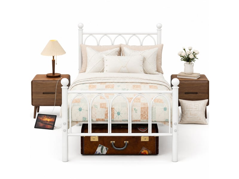 Cadre de lit 90x200 cm métallique avec tête et pied vintage, chargeur usb, led, soutien à lames d'acier heavy duty, espace de rangement sous-lit, sans ressorts - Conforama A