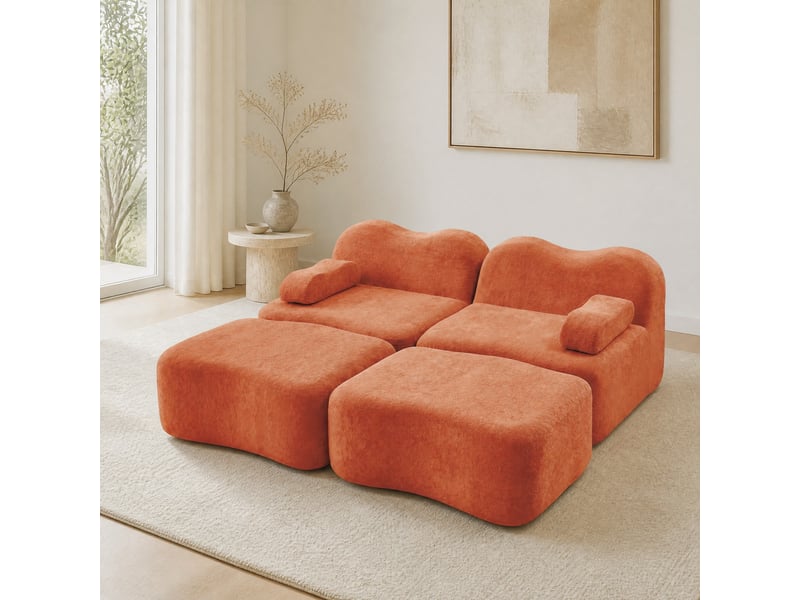  Canapé modulable 2 places orange en velours avec 2 poufs, confort en mousse haute densité pour salon  - Conforama B