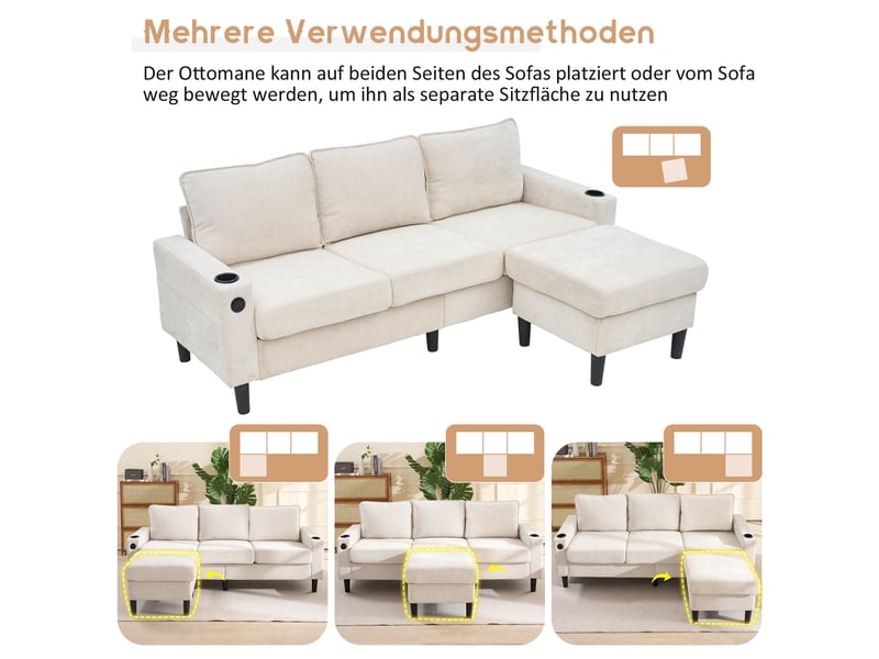  Canapé d'angle 3 places, en lin beige avec pouf modulable, ports usb et porte-gobelets intégrés pour salon et appartement moderne  - Conforama B