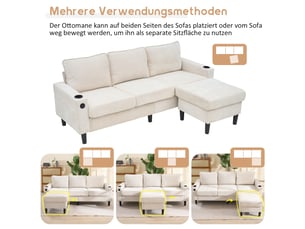 Canapé d'angle 3 places, en lin beige avec pouf modulable, ports usb et porte-gobelets intégrés pour salon et appartement moderne