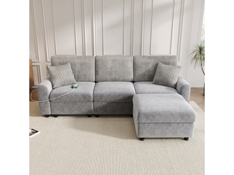 Canapé d’angle 4 places 223x146x84 cm avec pouf, 2 coussins carrés, usb et type-c pour salon, chenille et velours côtelé, gris Sol Morn - Conforama D